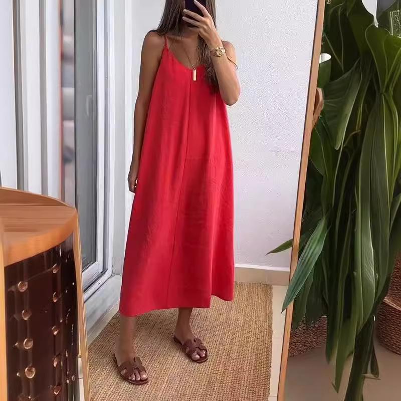 Sommer Damen Locker Spaghettiträger Kleider Damen Einfarbig V-Ausschnitt Lässig Pendeln Ärmellos Langes Kleid Weiblich Vestidos
