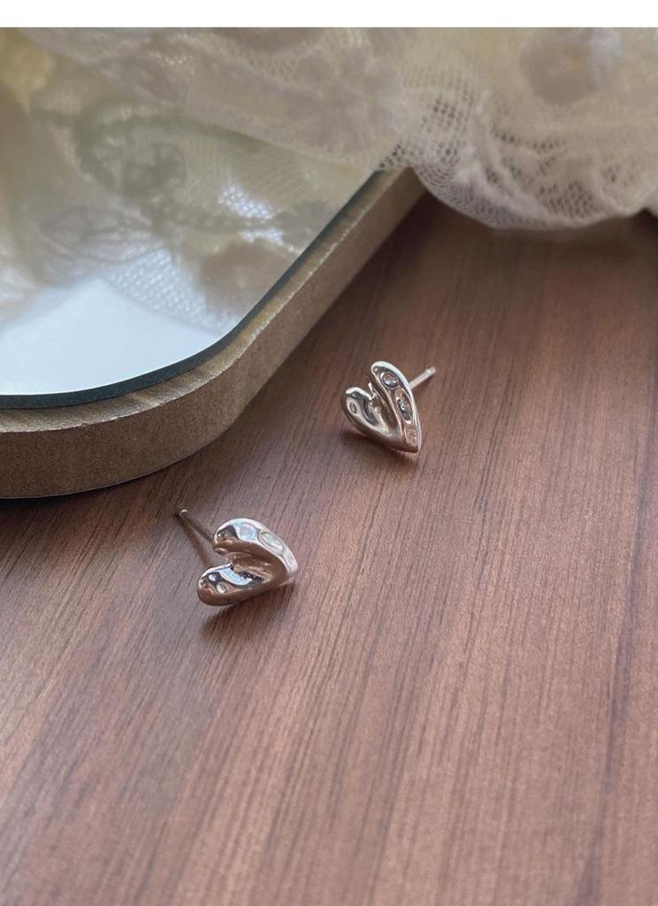 S999 Sterling Silver Korean Style Heart Stud Earrings for Women - Simple, Versatile, Textured Design