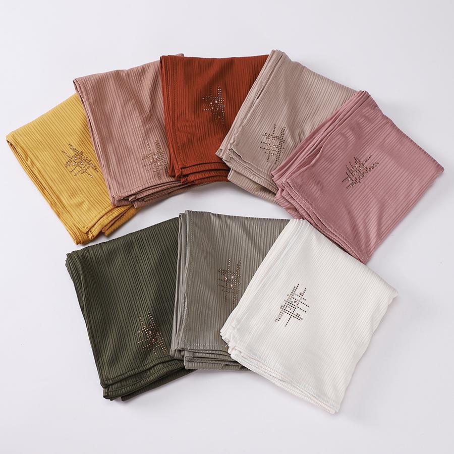 Muslim Crinkle Ribbed Jersey Rhinestone Hijab Plain Scarf Crepe Hijab Soft Islamic Shawls Wraps Headband Voile Femme Musulman