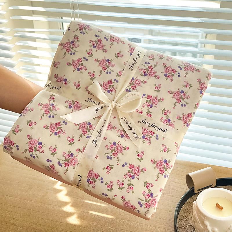 Ins Floral Print Bedding Set Knitted Cotton Flat Sheet Set Four Pieces Duvet Cover Double Layer-yarn 4Pcs Lovely Fitted Sheet