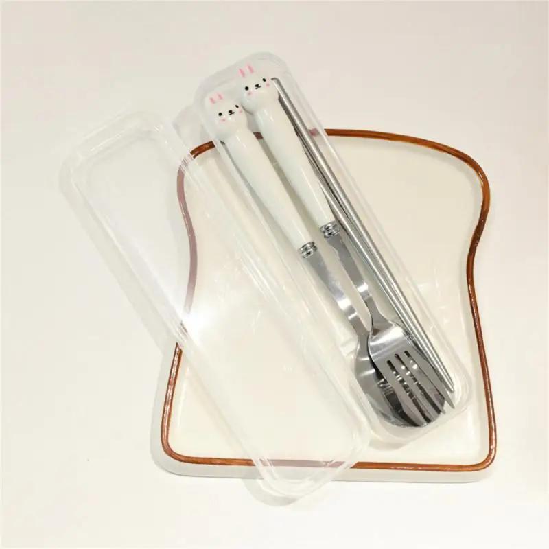 Spoon Fork Chopsticks Sets Stainless Steel Cartoon Bunny Cute Cutlery set in Storage Box