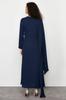 Women's Fashion Navy Blue Shawl Detailed Evening Dress Unlined Dress