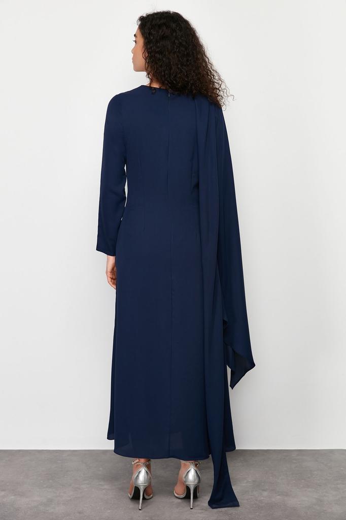 Women's Fashion Navy Blue Shawl Detailed Evening Dress Unlined Dress