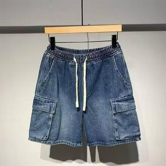 Men's Japanese Workwear Elastic Waist Denim Shorts - Casual, Loose, Mid-length (Summer 2024)