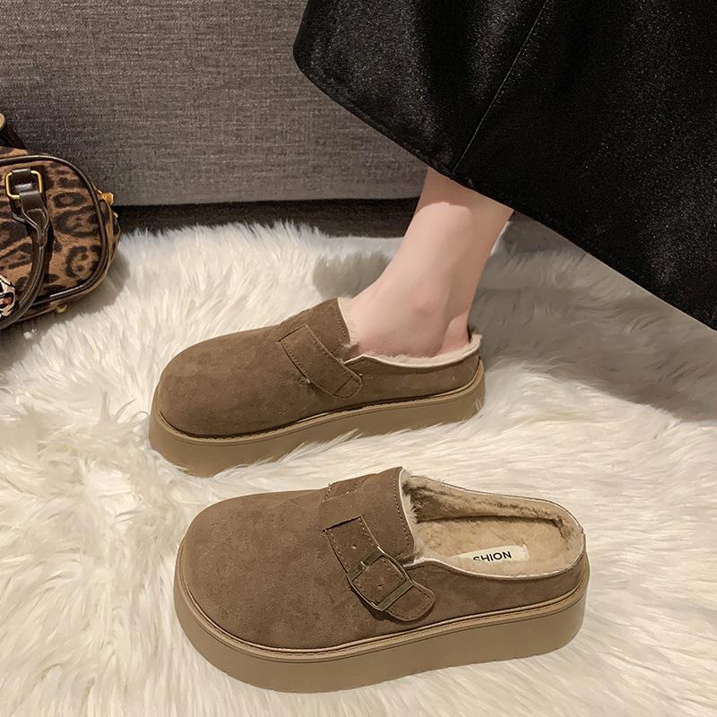 

Large size women s shoes 41-43 Fat feet retro platform bag head half slippers Women s autumn and winter outer wear velvet Birkento slippers 42 хаки