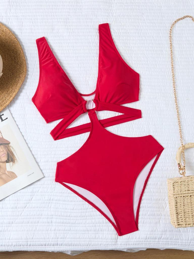 European and American Deep V Solid Color Hollow Out Sexy Women's Bikini Swimsuit