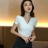 Women V Neck Knot Solid Short Sleeve Knitted T-Shirt