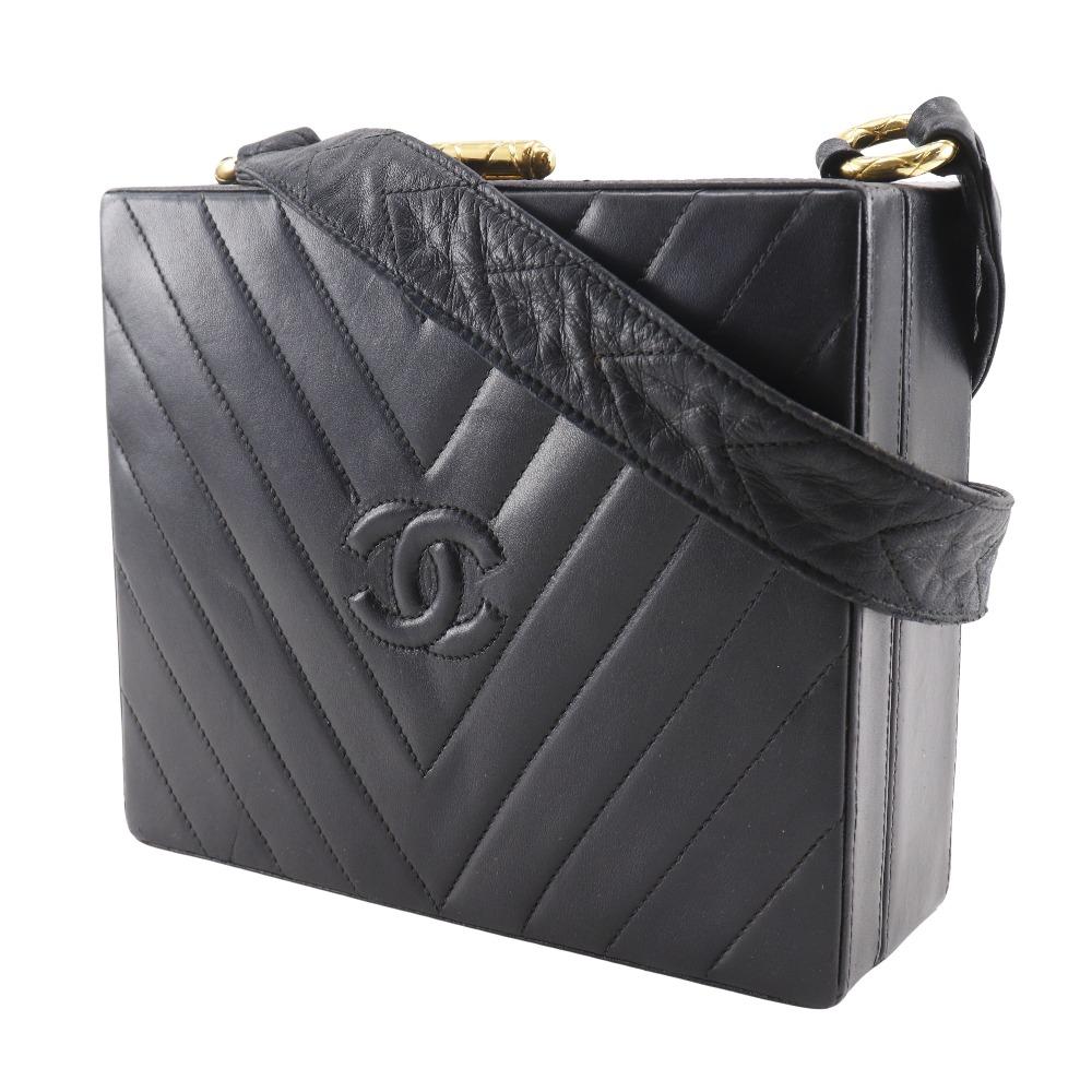 CHANEL Chevron COCO Mark Shoulder Bag V stitch vintage black lambskin Women Used
