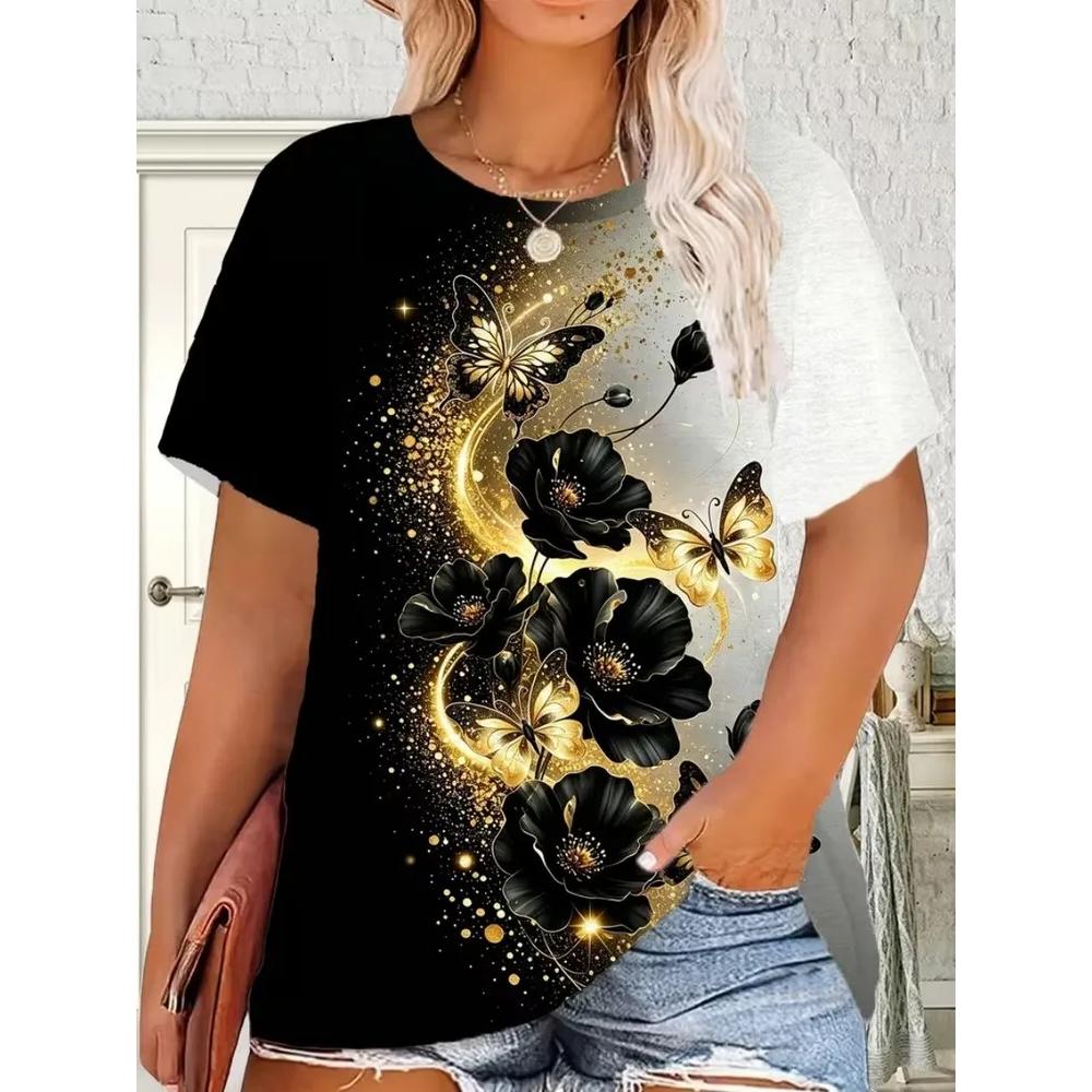 Casual Simple Flower Printed Top Women s Versatile Short Sleeve Daily Comfort T-Shirts Women’s XS