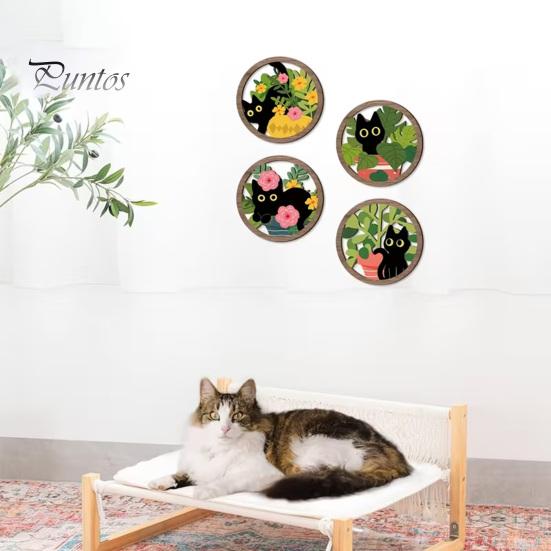 Regalos para Amantes de los Gatos 4 Piezas Arte de Pared Boho Negro, Cartel de Madera Colgante Floral de Granja, Arte Inspirado en la Naturaleza Botánica Decoración de Gatito, Cartel de Madera de Hojas
