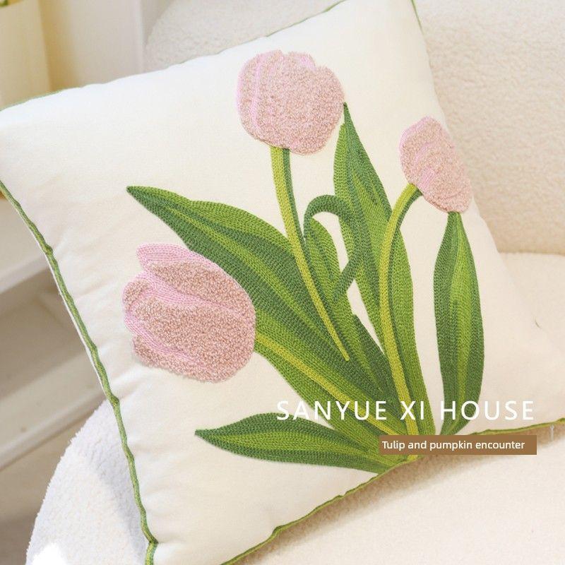 

INS Pink Simple Cushion Girls Bed Head Cushion Cover Bedroom Window Cushion Cotton Fabric Craft Pillow Living Room Sofa Pink Tulip 45*45 (pillowcase)