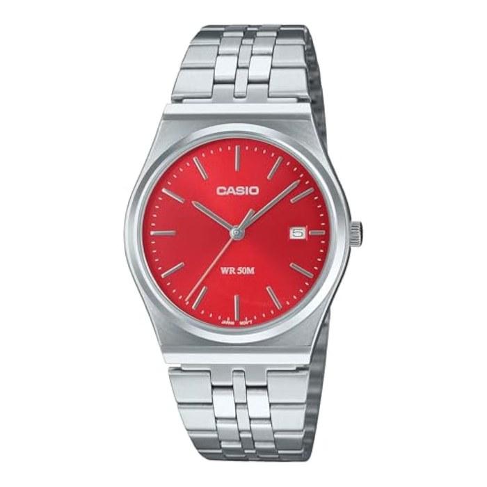 Casio Men s Watch - MTP-B145D-7BVDF (White Dial, Silver/Red, 31-35mm, Silver/Red Bracelet)