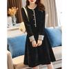 Autumn New Style Women's Round Neck Long Sleeves Slim Midi Skirt Lace French Corduroy Dress for Women