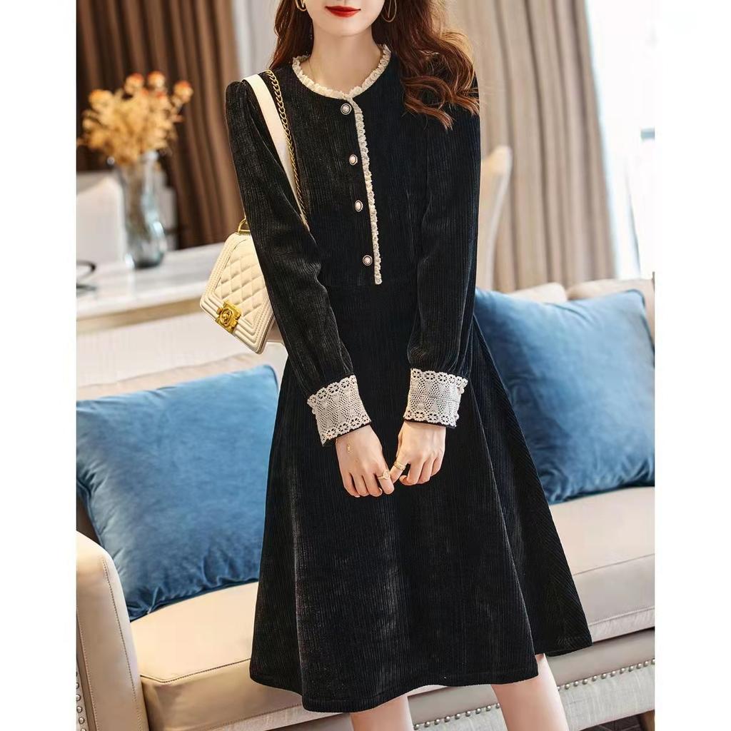 Autumn New Style Women's Round Neck Long Sleeves Slim Midi Skirt Lace French Corduroy Dress for Women