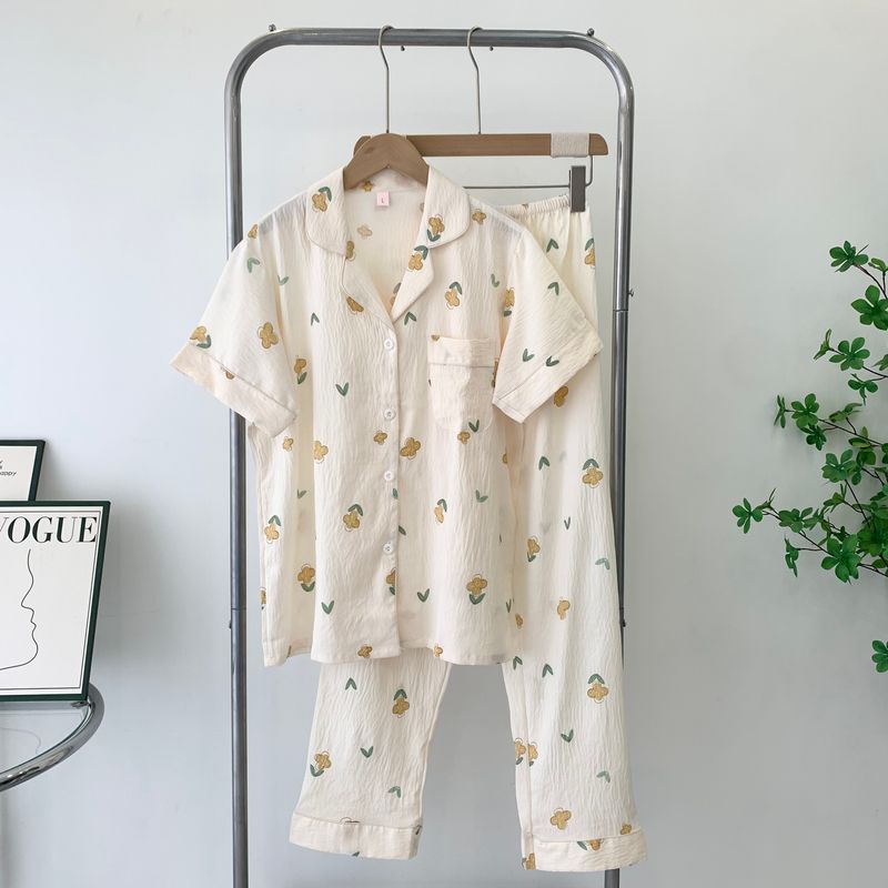 Cloud Cotton Pajamas Short Sleeve Pants Women's Two-piece Set Cotton Yarn Spring and Summer Home Wear Student Cute Cardigan Confinement Clothing
