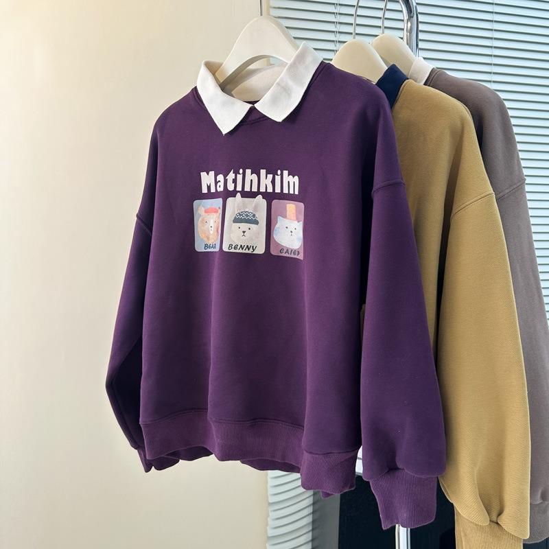 

Real shot printing season thin Plo collar long-sleeved sweater women s loose versatile color matching top 2XL фиолетовый