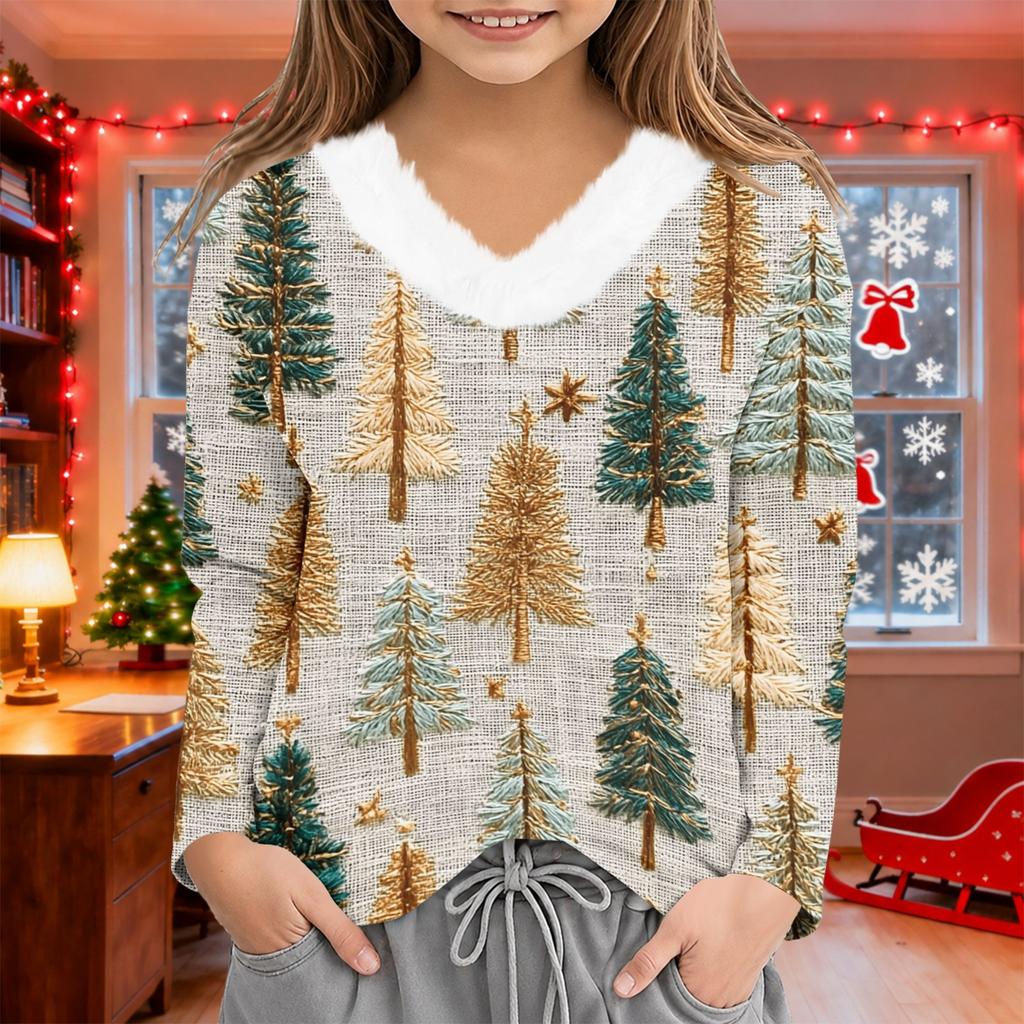 Girls V-neck Casual Top with Christmas Print Winter Holiday Pullover for Kids