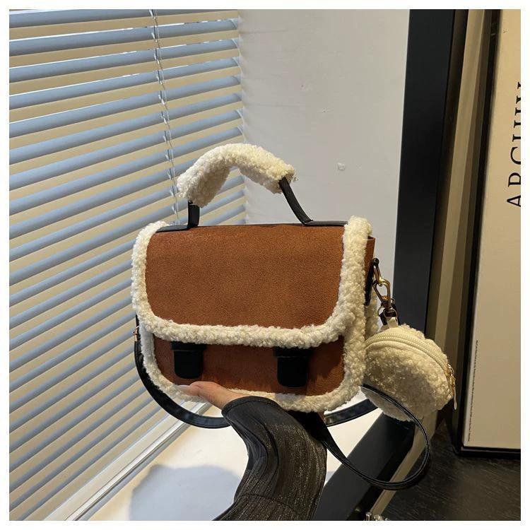 

Women s Fall Winter Fluffy Suede Shoulder Bag, Solid Color Casual Versatile Handbag with Coin Purse, Fashion Daily Commuter Bag коричневий