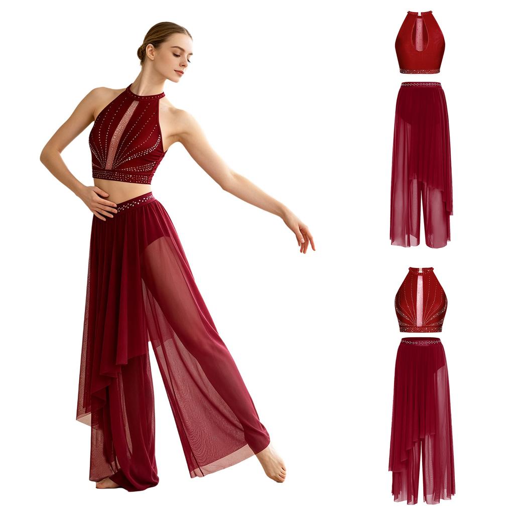 Damen Lyrical Dance Tanktop Strass Ärmellos Schlüsselloch Rücken mit Unregelmäßigem Netzstoff Hose Eingearbeiteter Slip für Bühnenwettkampf Performance