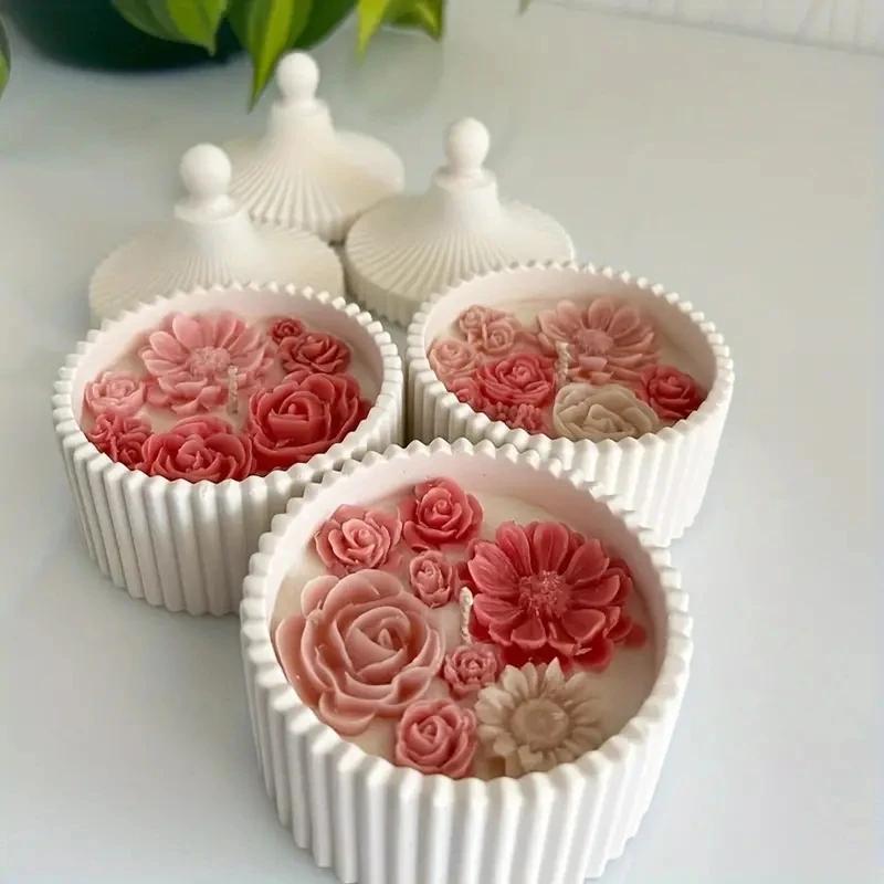 2Pcs Candle Jar Silicone Mold With Lid, Round Stripe Storage Jewelry Box Silicone Mold for Making Plaster Concrete Storage Box