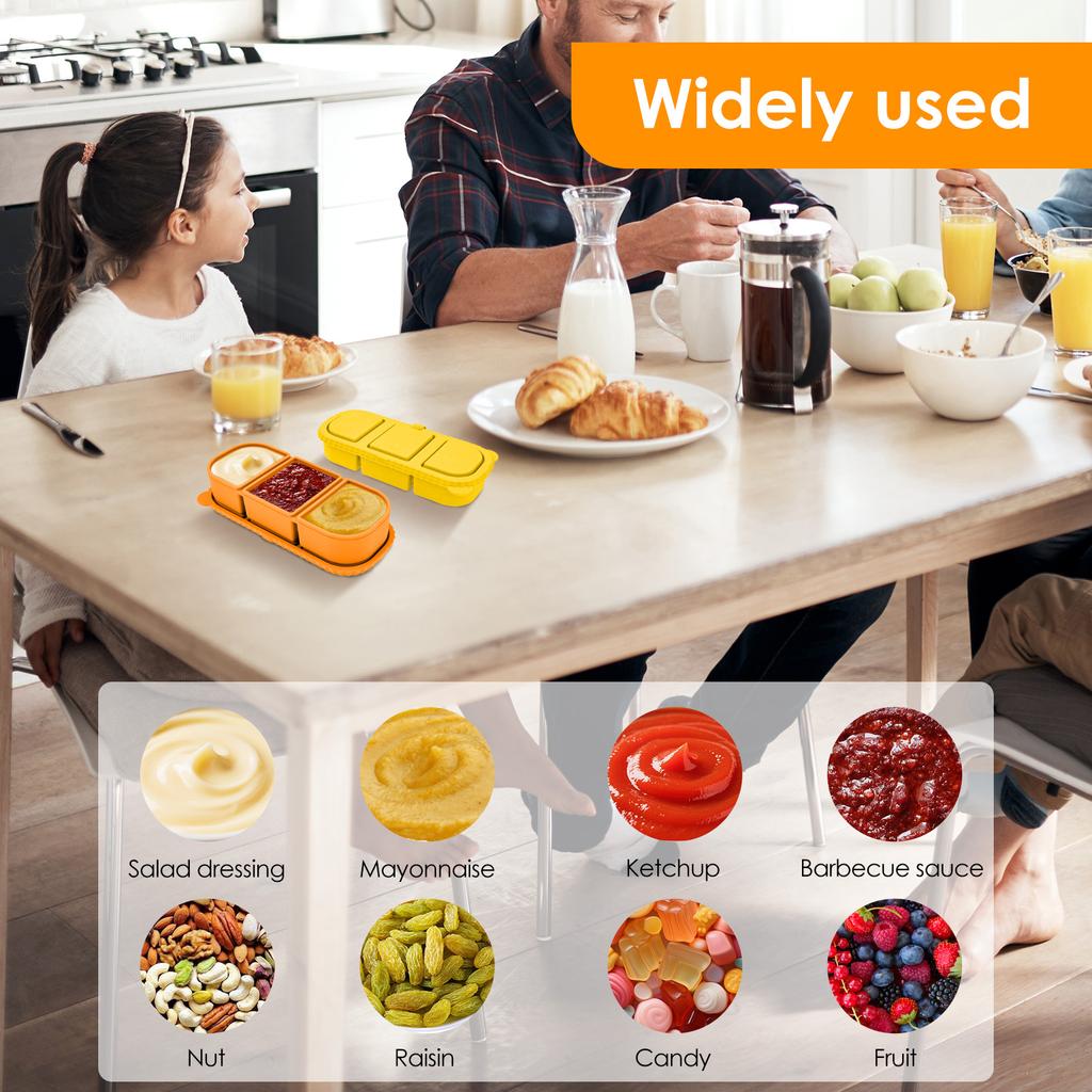 2/3Pcs Snack Container Silicone Small Dip Container with 3 Compartment Stackable Salad Dressing Sauce Box for Home Travel Picnic