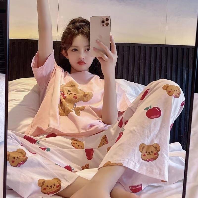 Pajamas women's short-sleeved trousers summer cartoon cute 2 new cartoon spring and summer loungewear suit can be worn outside