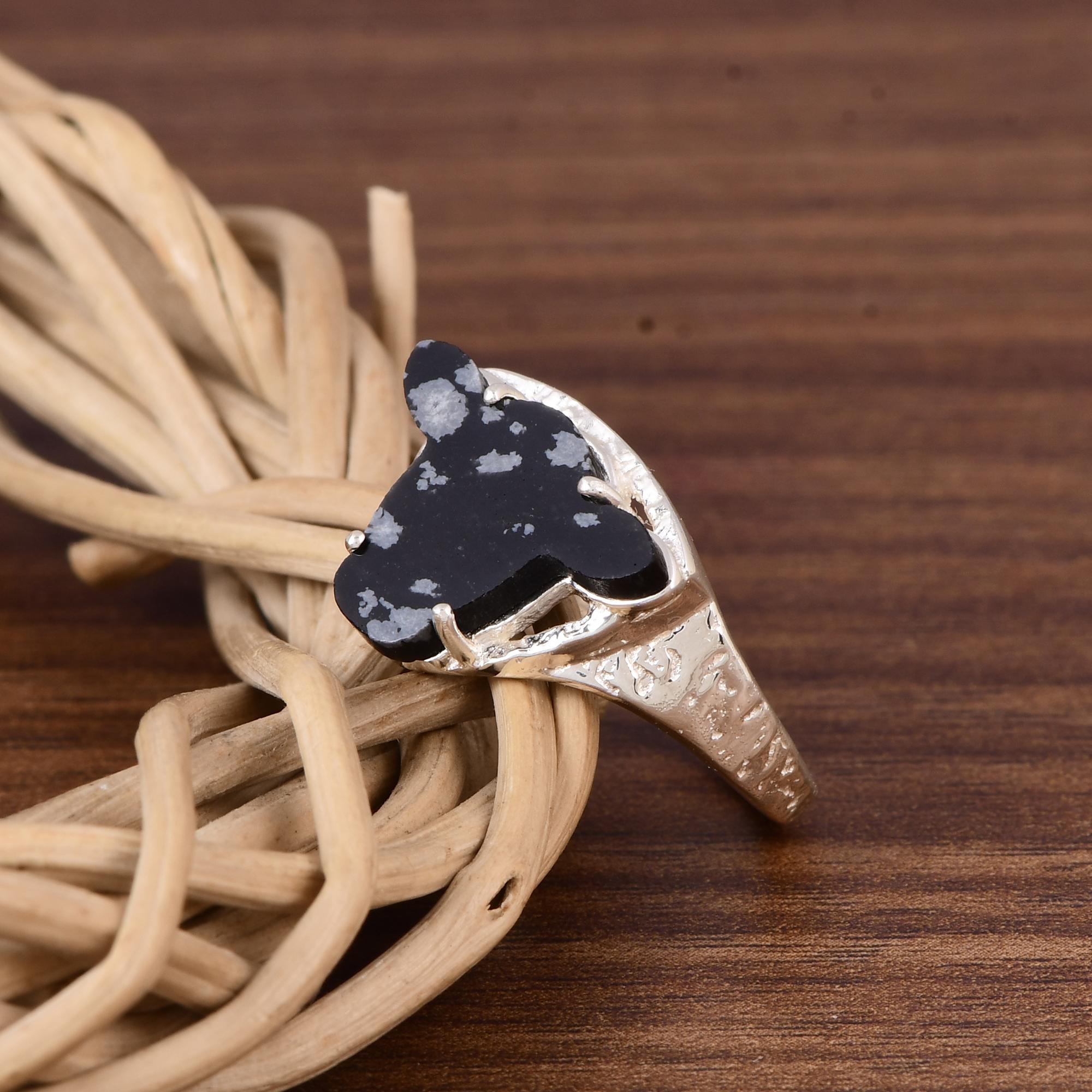 Snowflake Obsidian Cow Head Ring, Sterling Silver Bull Head Ring, Western Jewelry, Natural Gemstone Ring, Gift for Her 5