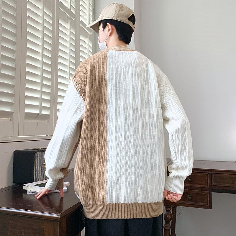 Hot-selling model, fashionable contrasting splicing sleeve, thickened crew neck sweater for men