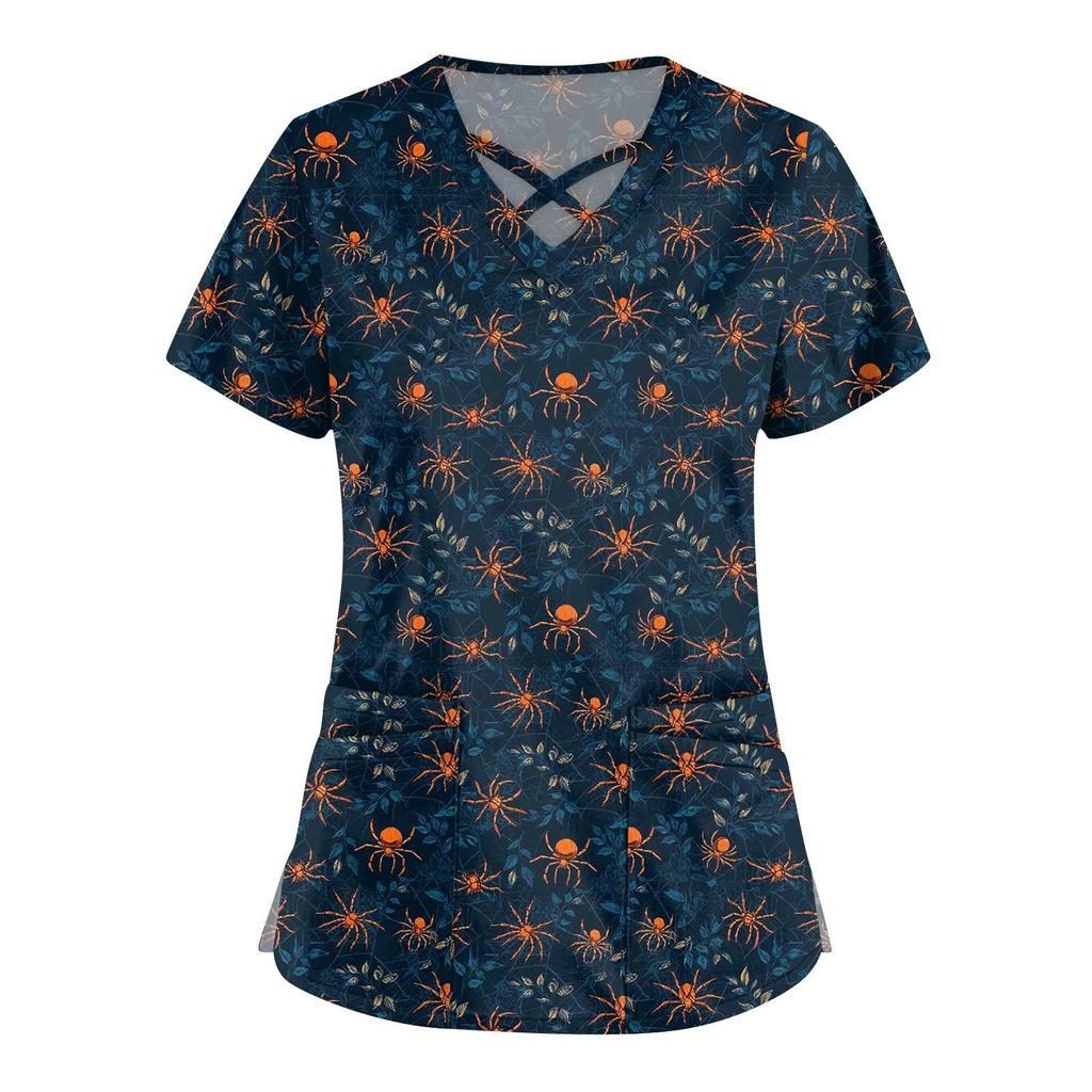 Dámská móda Křížový V výstřih Krátký rukáv Kombinézy Dvojité kapsy Halloweenské Potištěné Topy Uniformy