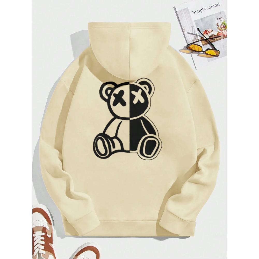 Winter Loose and Comfortable Hoodie Men's Cartoon Bear Print Fleece Sweatshirt Long Sleeve S-3XL