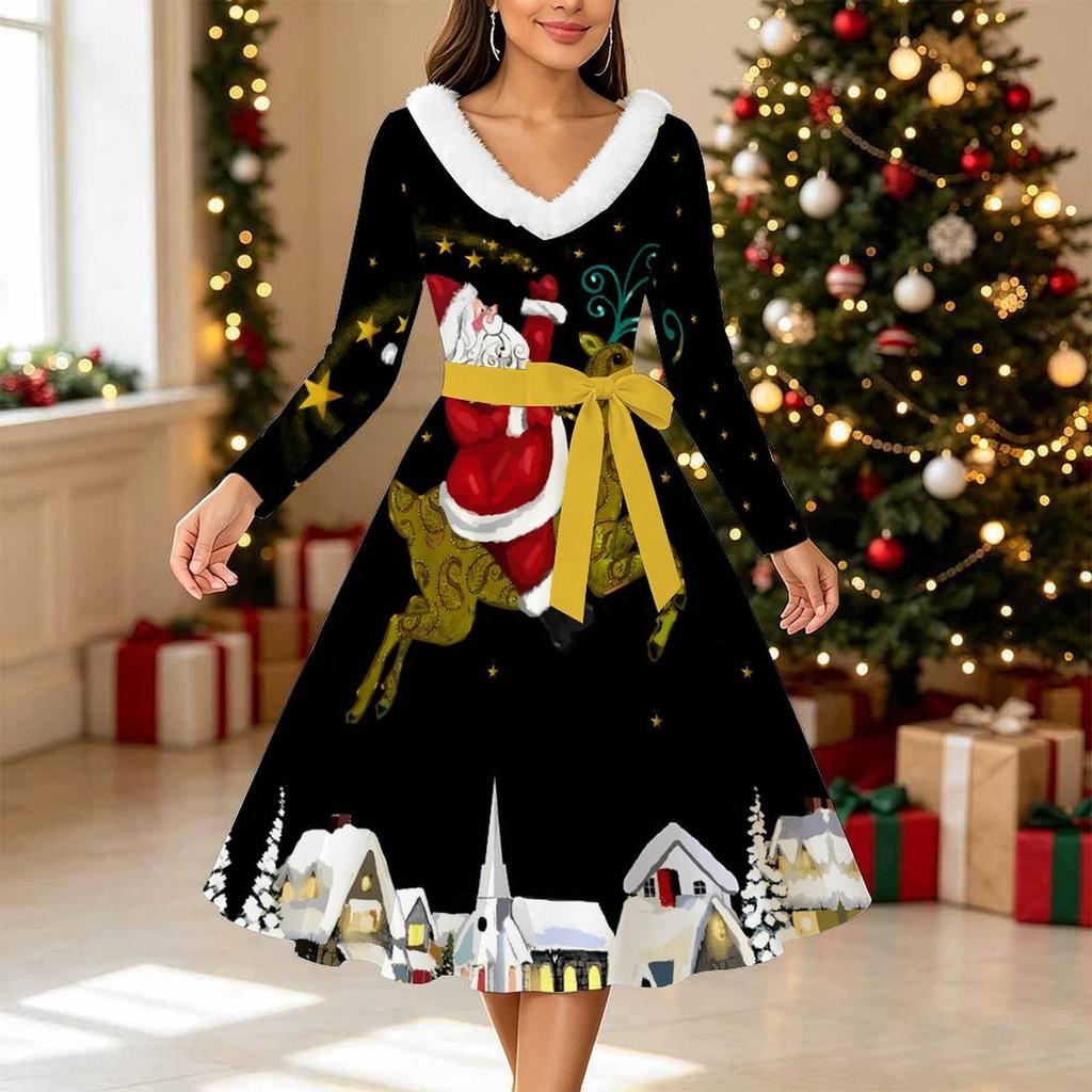 Women Christmas Tree Print Midi Dress, Long Sleeve V‑Neck Furry Trim A‑Line Party Dress, Christmas Limited Edition