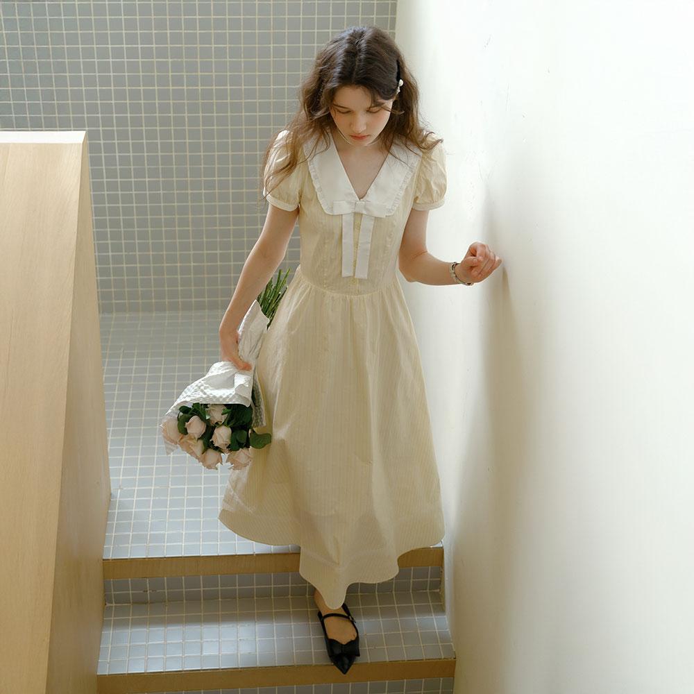 CEST MOIDEW Cest_Bow Lapel Puff Sleeve Dress