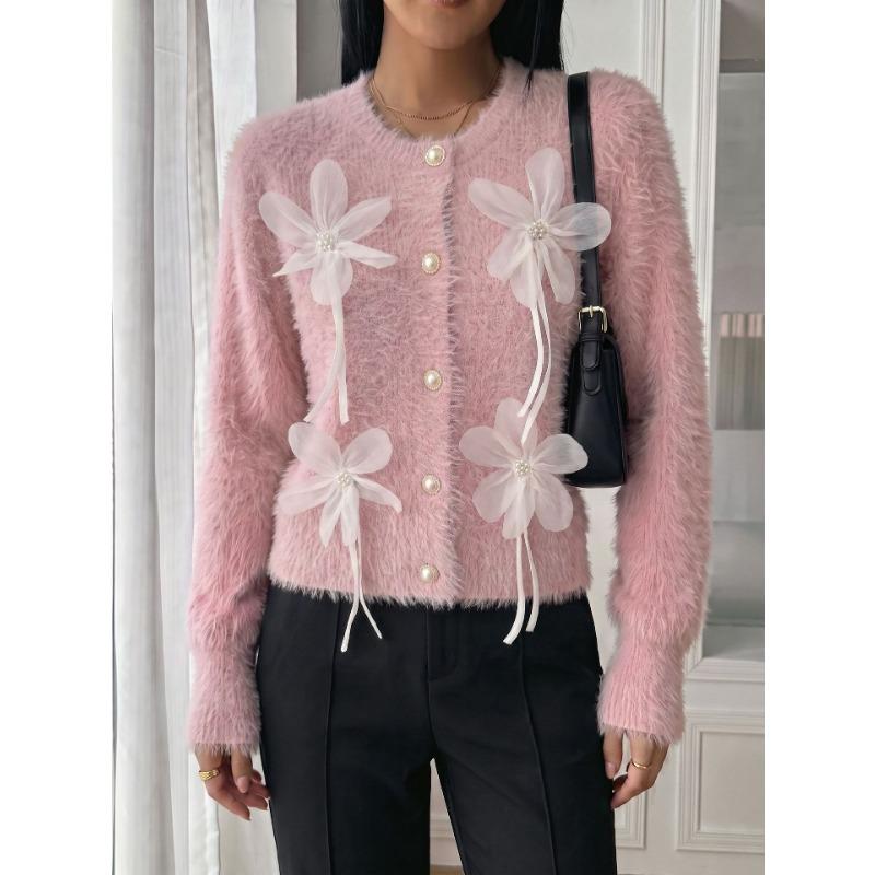 TIFICY Women's Fashion Casual Fall Winter Flower Pattern Print Long Sleeve O-Neck Sweaters