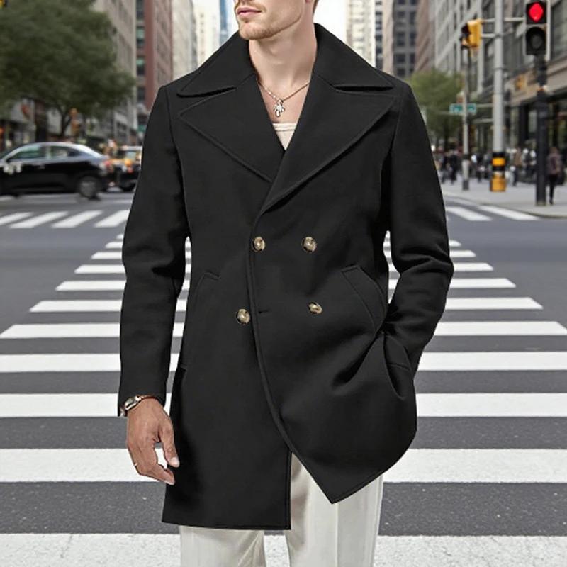 England Style Men's Double-Breasted Coats Autumn Woolen Outerwear Men Vintage Solid Color Turn-Down Collar Long Jacket