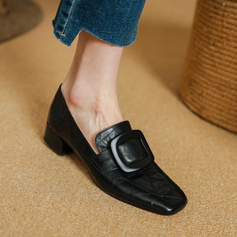 Fashion 2025 New Size 34-40 Women Casual Loafers Real Leather Soft Square Toe High Heels Shoes Spring Office Lady Daily Pumps Shoes