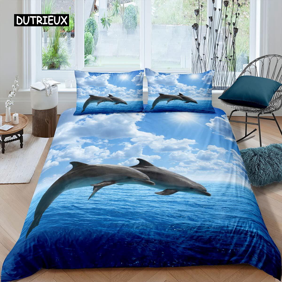 

Детский комплект постельного белья с дельфином, размер King, милый морской дельфин, одеяло, чехол из микрофибры с синим волновым декором, пододеяльник для подростков EU single(135x200cm)