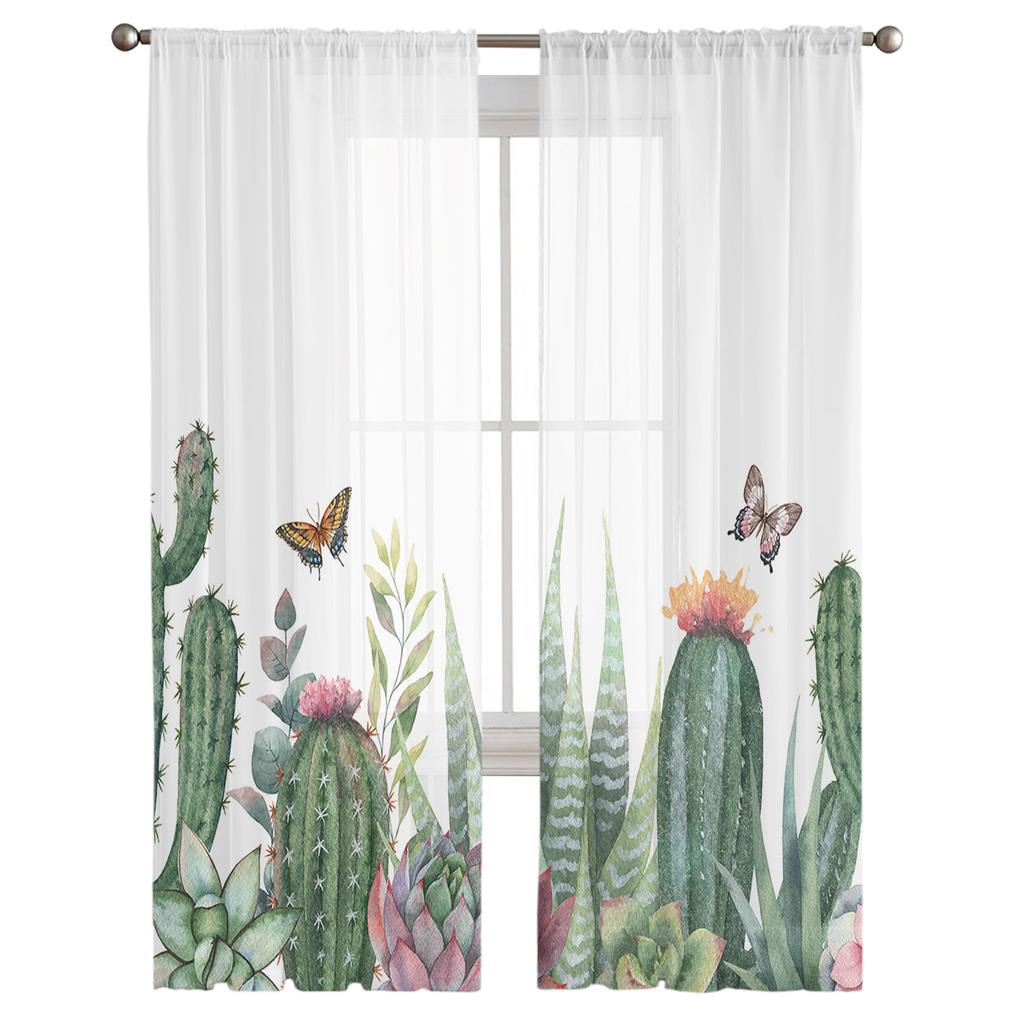 Ins Style Garden Cactus Tropical Plant Sheer Curtains for Bedroom Living Room Voile Window Curtains Tulle Curtains for Kids Room