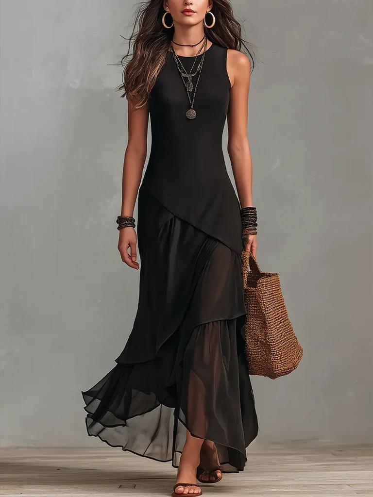 European and American solid color sleeveless round neck splicing irregular chiffon ruffle edge elegant holiday dress