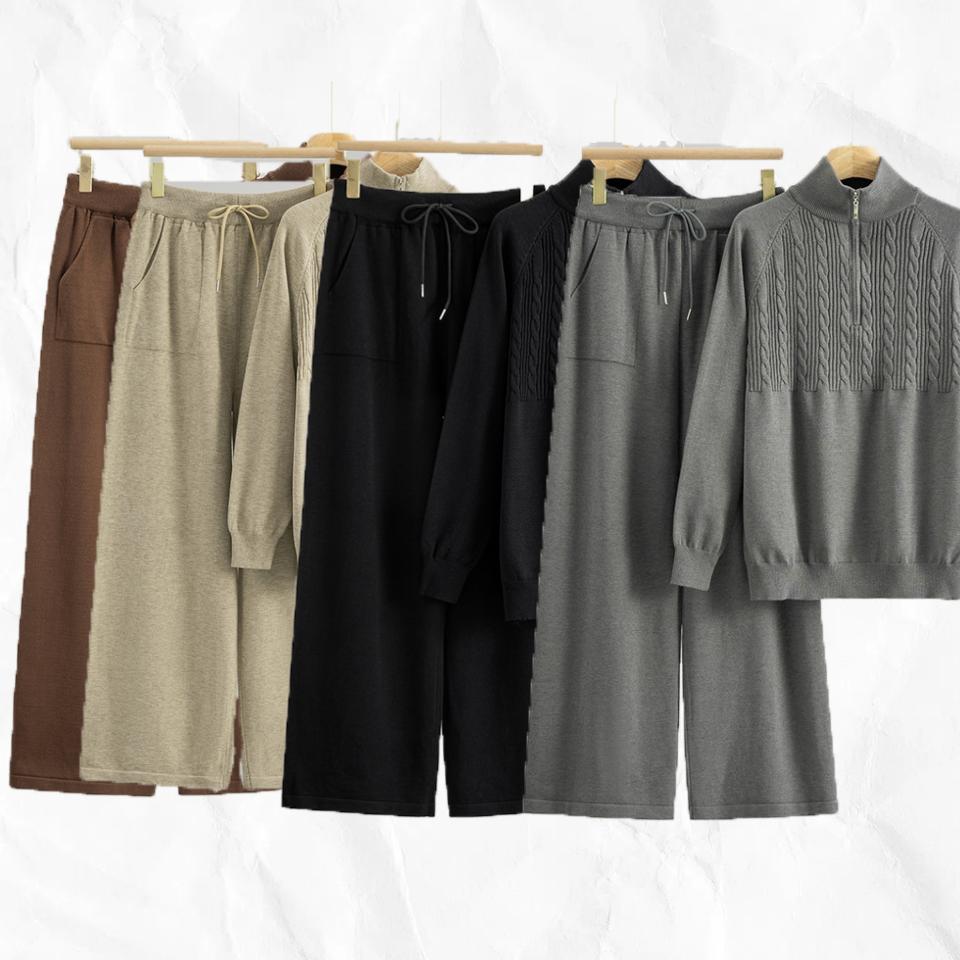 Autumn and Winter Semi-zipper Solid Color Sweater Knitted Femininity Versatile Sweater Wide-leg Pants Set
