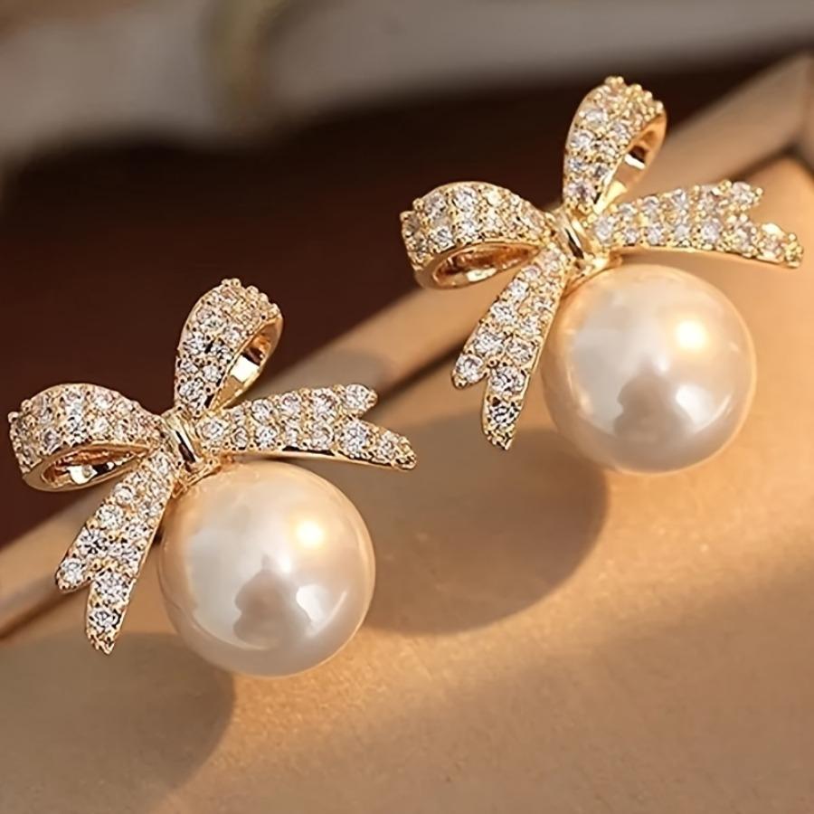 Chic And Shiny Faux Pearl Bow Earrings for Women - Luxury Jewelry for Weddings, Parties, Everyday Outings, Vacations, Valentine's Day, Anniversaries