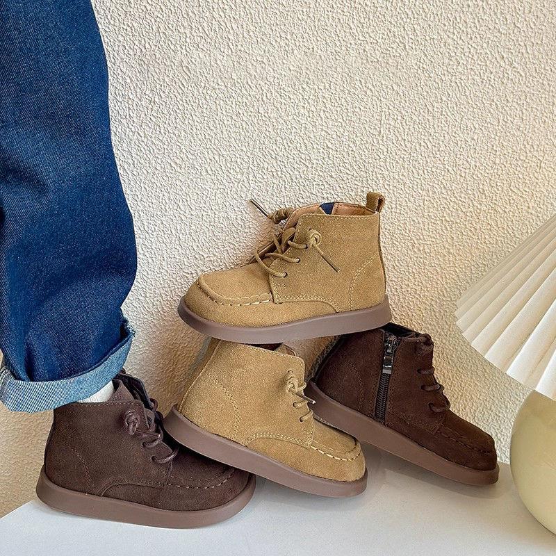 Kids Ankle Boots Retro British Style Children Short Boots Side Zip Autumn Boys Girls Leather Boots Versatile Soft Sole