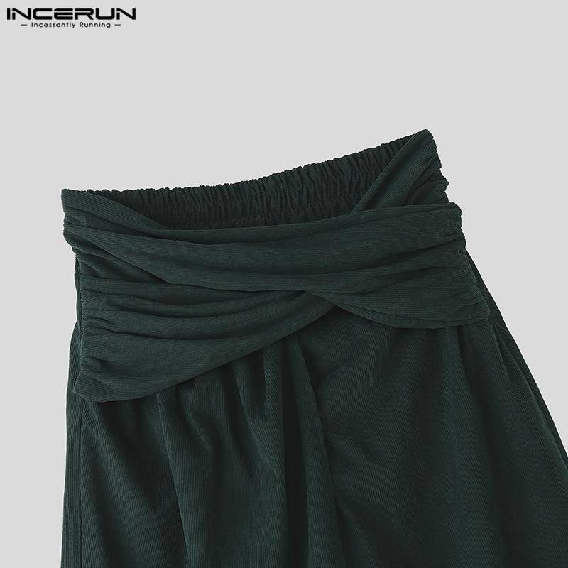 INCERUN Autumn Men Casual Elastic Waist Ruffled Irregular Corduroy Harem Pants Trousers