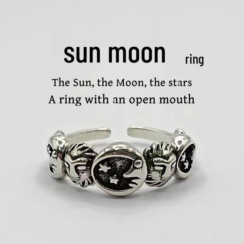 Yin Taifei Thai Silver Retro Star & Moon Adjustable Ring for Men & Women Adjustable Open