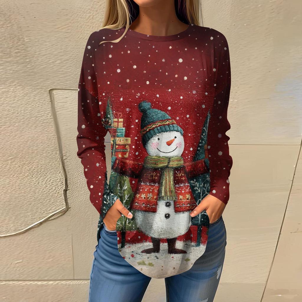 Weihnachts-Stil Damenbekleidung Schneeflocke Weihnachtsbaum Print Pullover Rundhalsausschnitt Langarm T-Shirt Festlich Lässig Lockeres Oberteil
