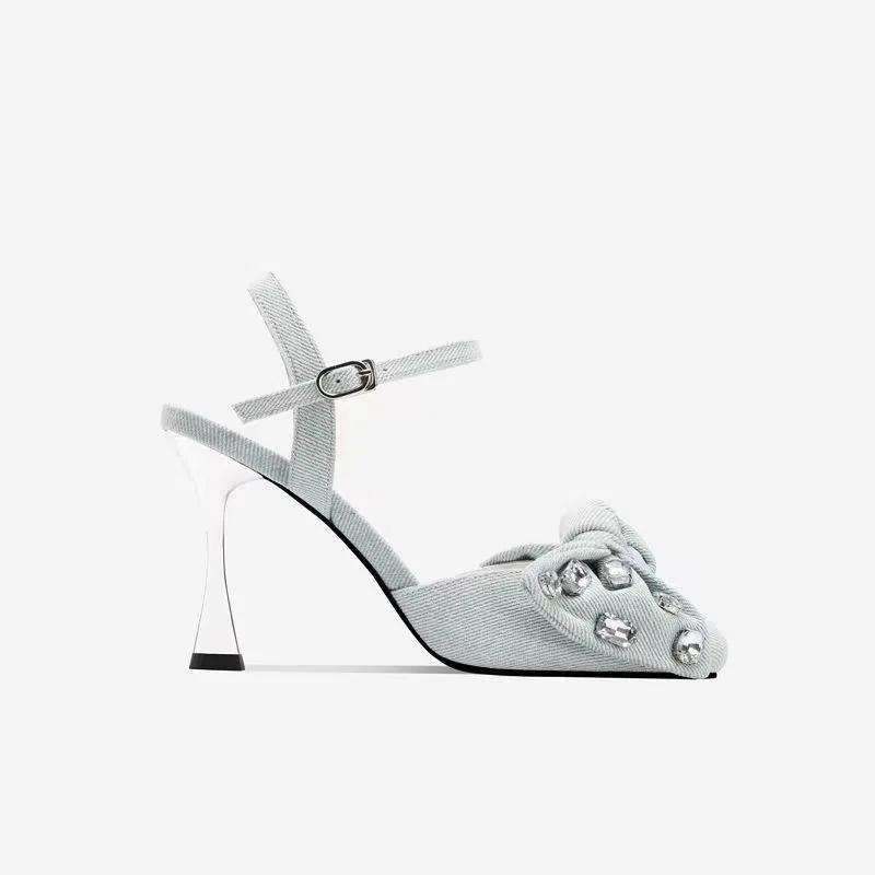 Women's Designer Sandals  New Blue Denim High Heels Summer Stylish Slingback Platform Sandals Elegant Bow Ladies Date Shoes