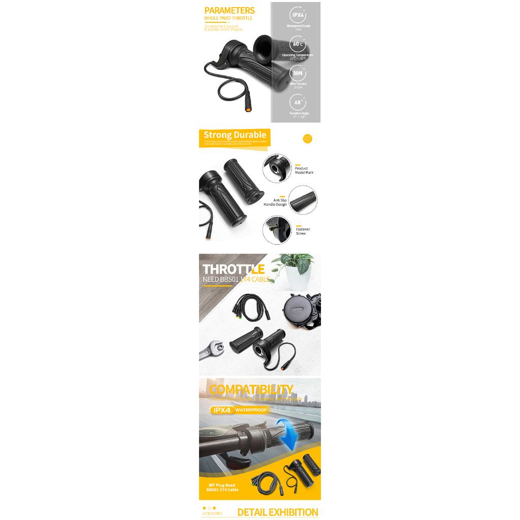 Ebike Twist 8FUN Throttle for BAFANG BBS01 BBS02 BBSHD Mid Drive Motor with 3pin Female Waterproof Connector Ebike Full Twist Throttles 2