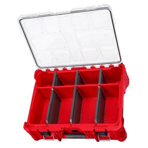 48-22-8432 Milwaukee Packout Deep Organizer, 50 Lb Weight Capacity, IP65 Rated Protection, Reinforced Hinges, 6 Dividers, 3 Large and 3 Small.