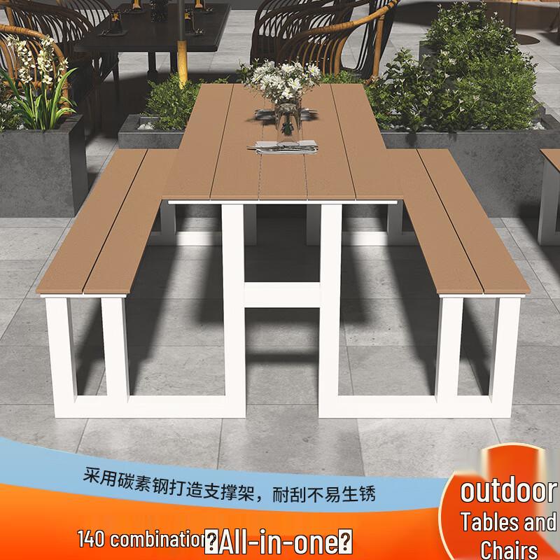 Outdoor Integrated Plastic Wood Table and Bench Set