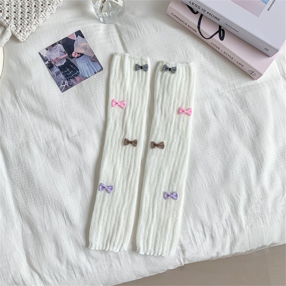 White Knitted Socks Bow Tie Lolita Long Socks Cute Leg Warmer for Women Girls