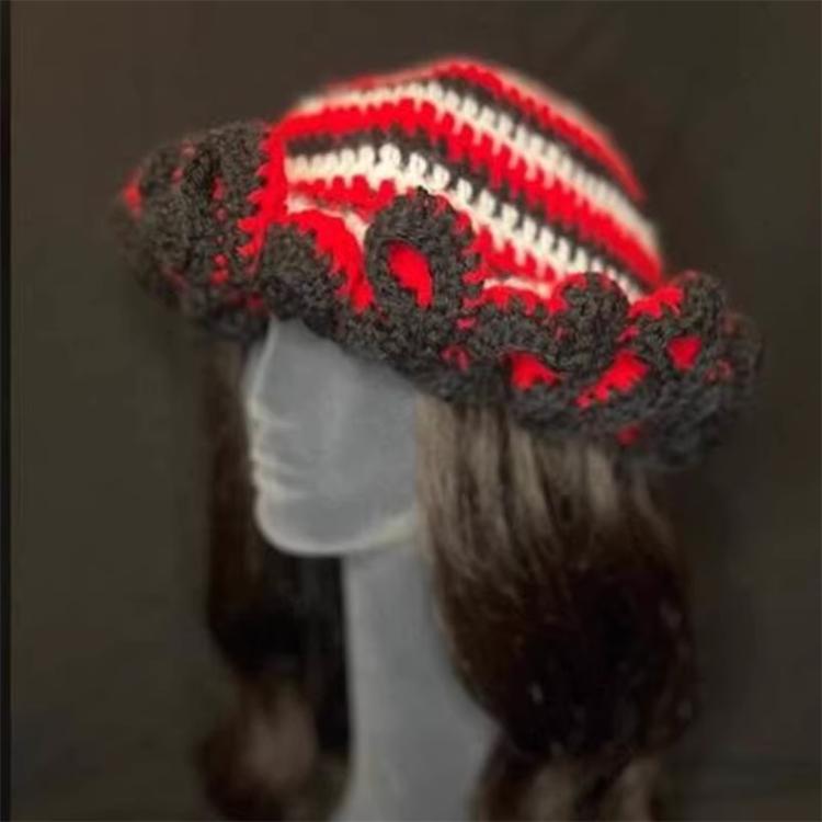 Handmade Knit Bucket Hat for Woman Weaving Ruffled Brim Bucket Hat Adult Teens Winter Cycling Fisherman Hat
